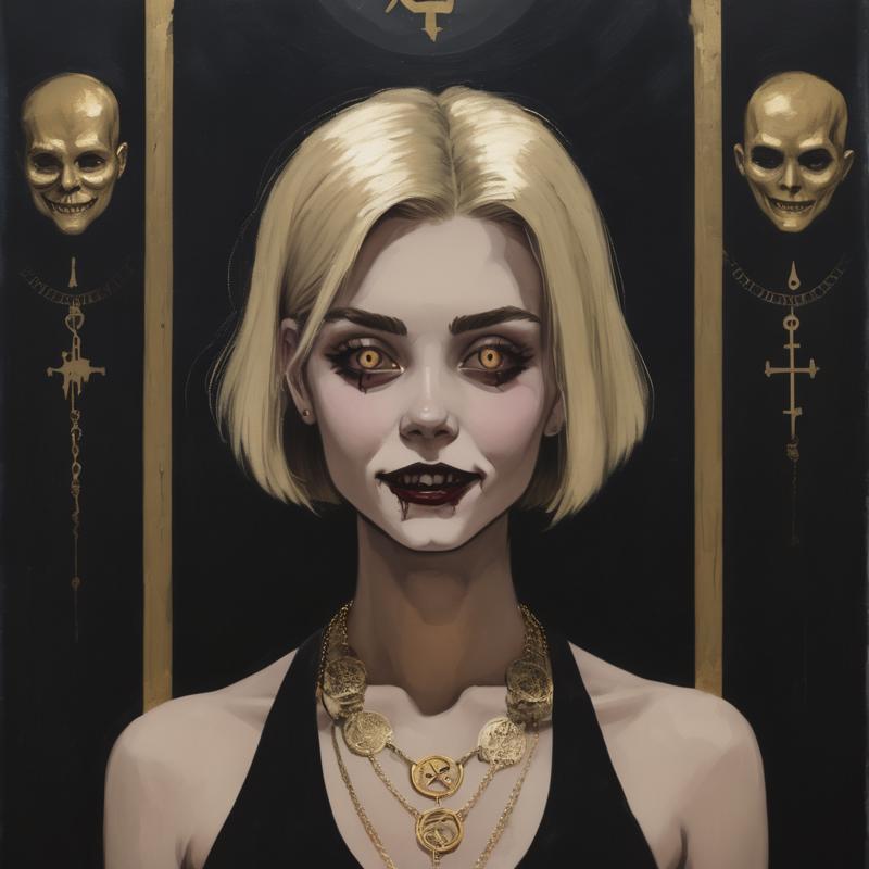 10719-2339165143-VtmArt, painting of a girl with short blonde hair and a creepy smile and a gold necklace in front of a wall with occult symbols.png